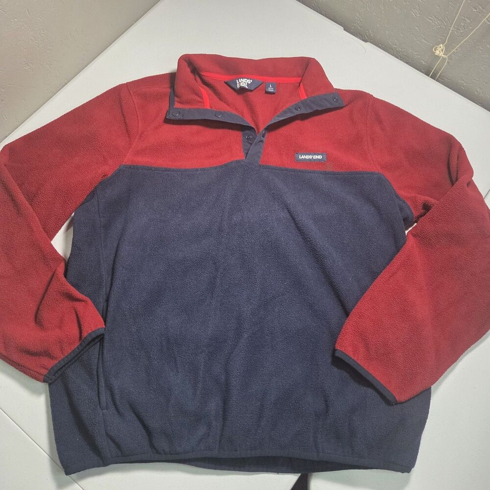 Lands End Fleece Pullover Mens L Red Navy Blue Snap Neck Colorblock Heritage